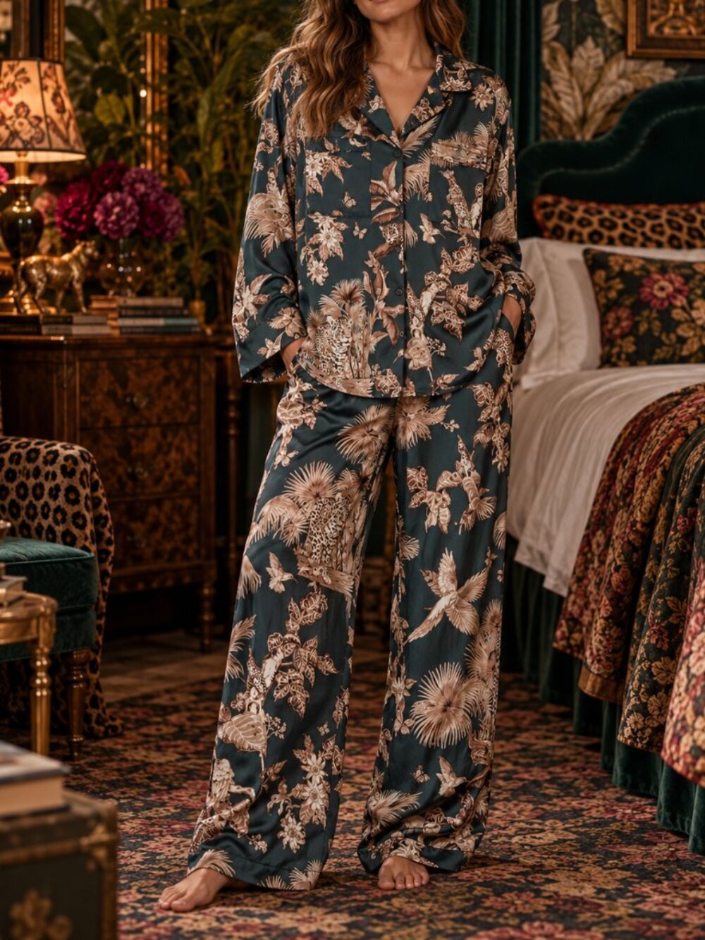 Banana Republic Wildlife Satin Pajama Set Ocean Emerald Leopard L